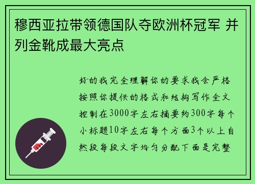 穆西亚拉带领德国队夺欧洲杯冠军 并列金靴成最大亮点